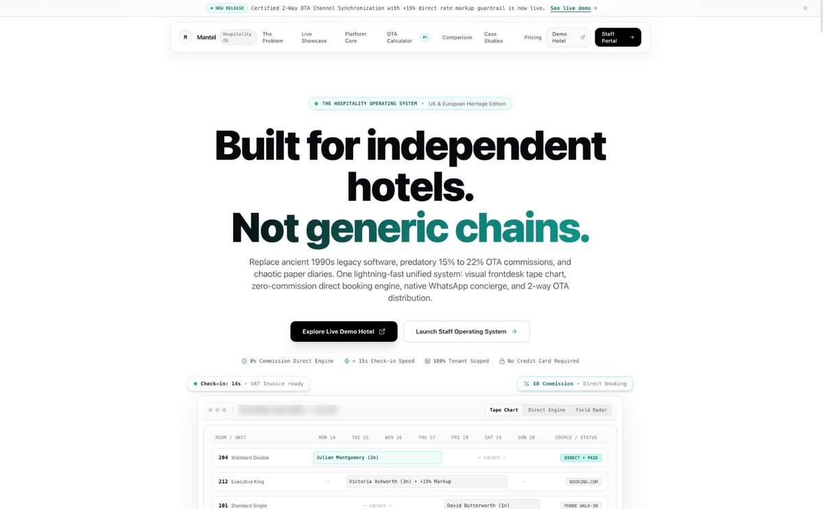 The Mantel hotel software website homepage