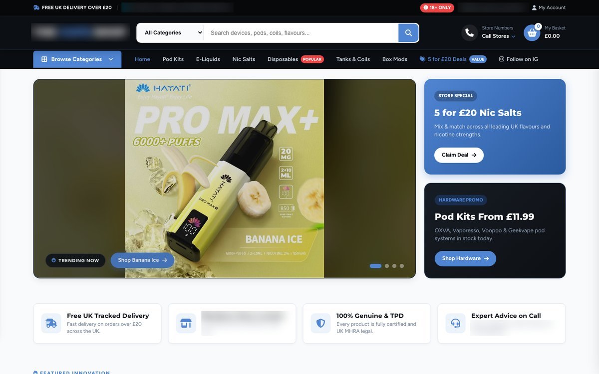 The homepage of a specialist retail online store