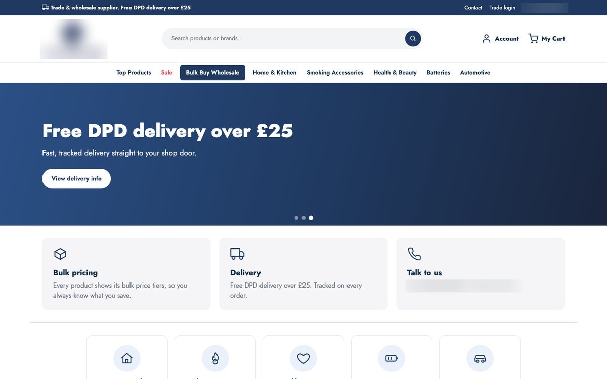 The homepage of a wholesale online store